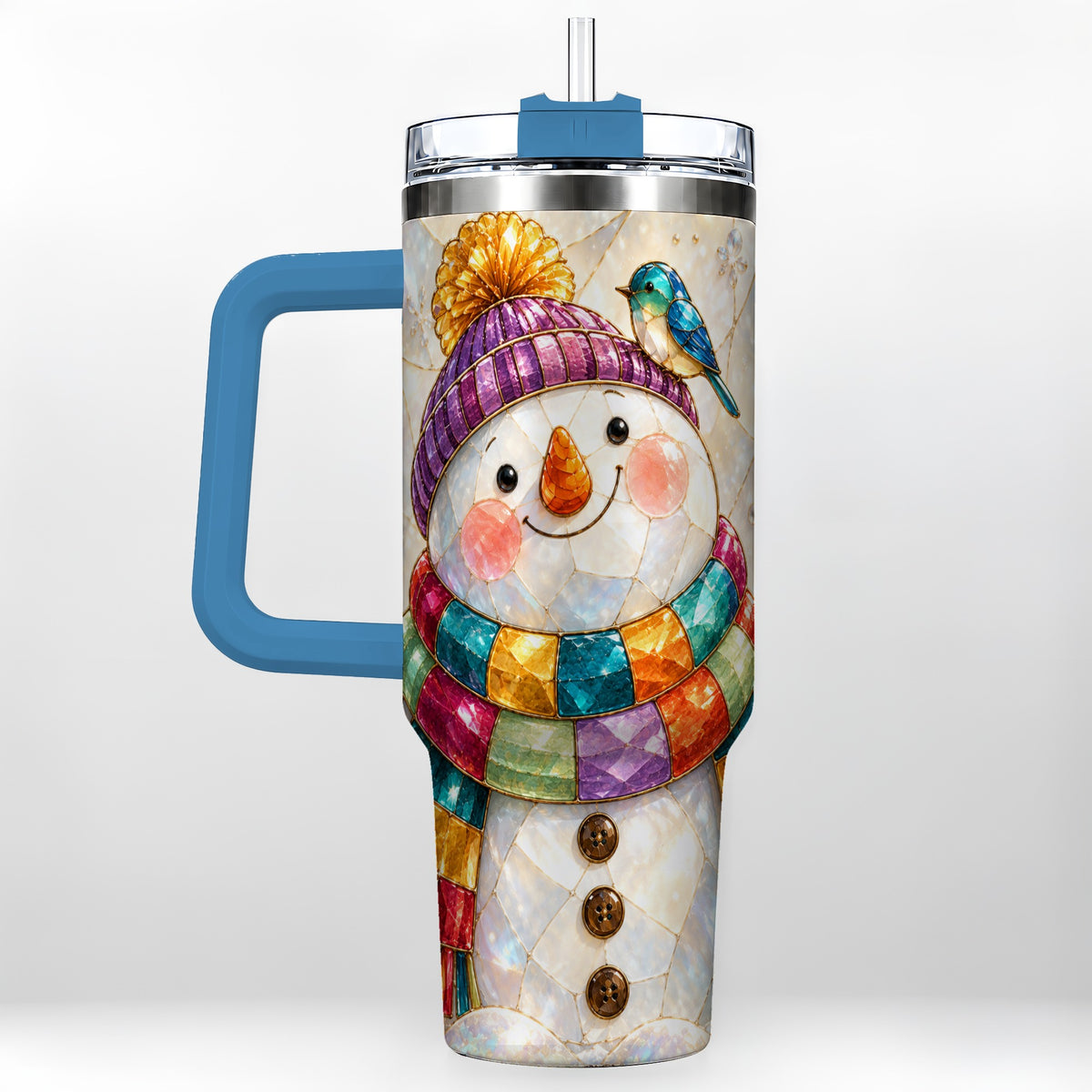 #pl[40oz|Blue] Rainbow Snowman 40oz Tumbler with Handle, Winter Stainless Steel Cup