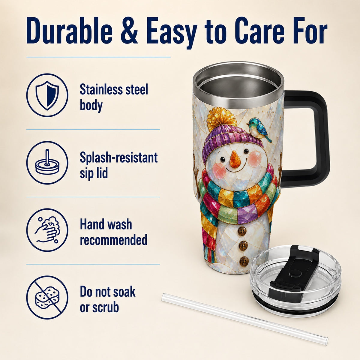 #pl[40oz|Black] Rainbow Snowman 40oz Tumbler with Handle, Winter Stainless Steel Cup