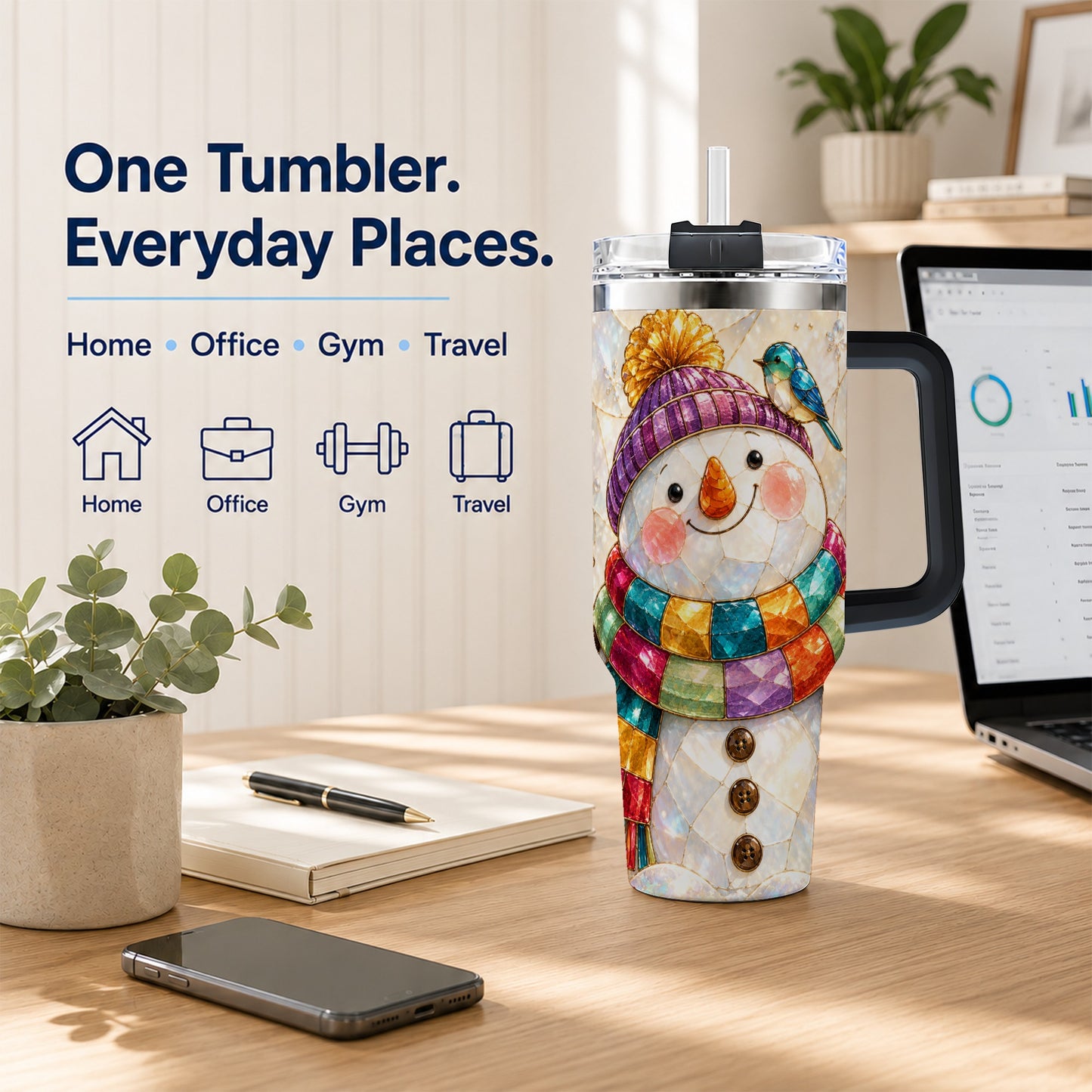#pl[40oz|Black] Rainbow Snowman 40oz Tumbler with Handle, Winter Stainless Steel Cup