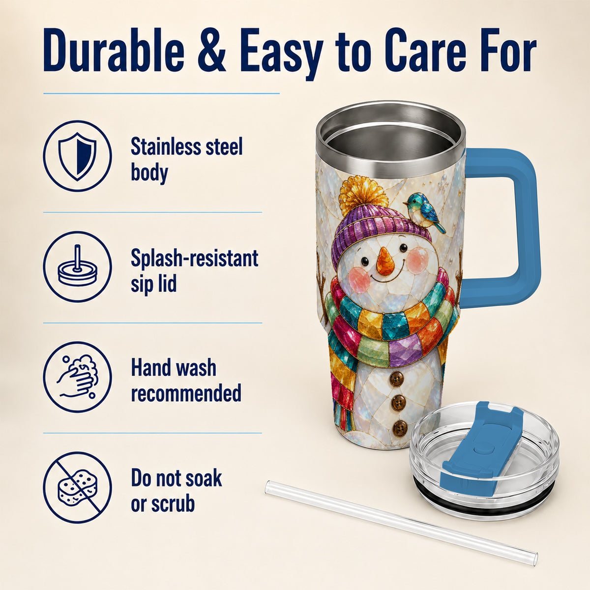 #pl[40oz|Blue] Rainbow Snowman 40oz Tumbler with Handle, Winter Stainless Steel Cup