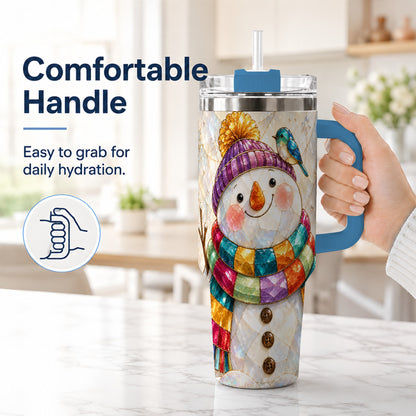 #pl[40oz|Blue] Rainbow Snowman 40oz Tumbler with Handle, Winter Stainless Steel Cup