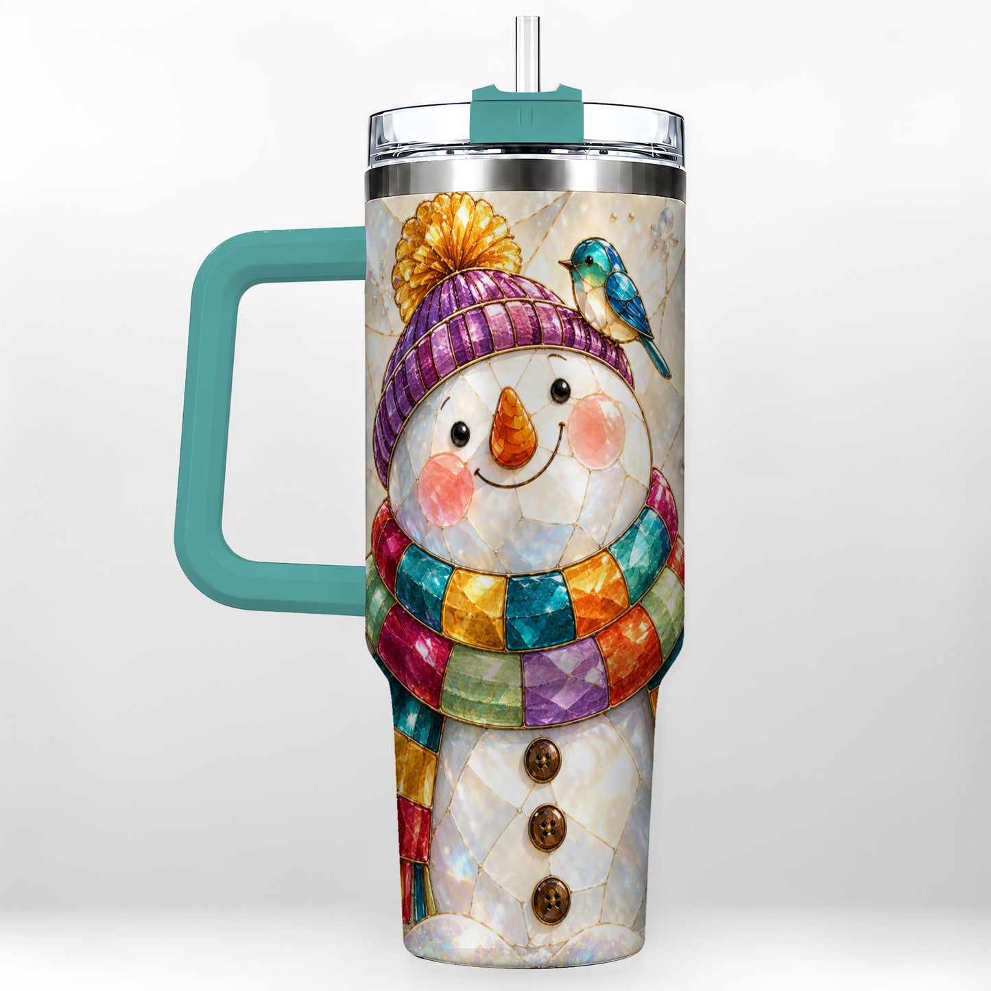 #pl[40oz|Green] Rainbow Snowman 40oz Tumbler with Handle, Winter Stainless Steel Cup