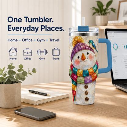 #pl[40oz|Blue] Rainbow Snowman 40oz Tumbler with Handle, Winter Stainless Steel Cup
