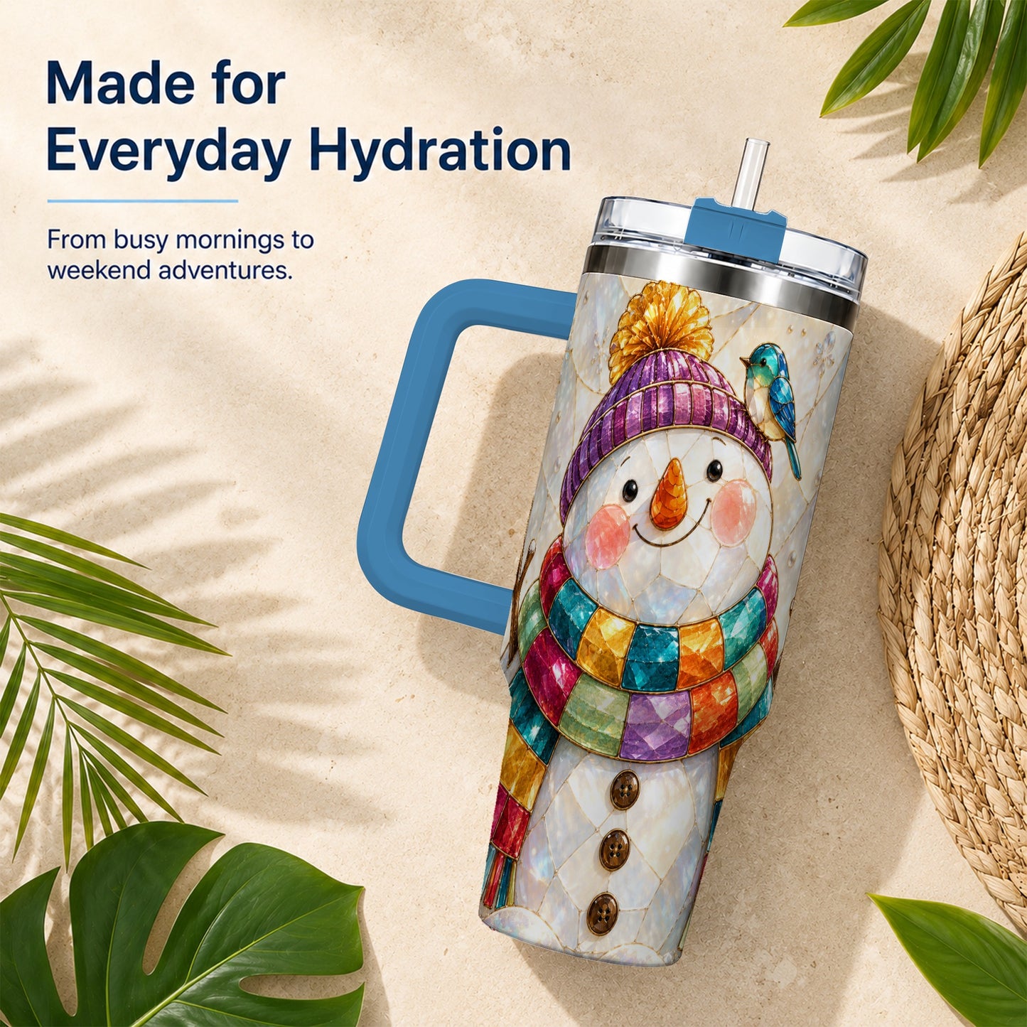 #pl[40oz|Blue] Rainbow Snowman 40oz Tumbler with Handle, Winter Stainless Steel Cup