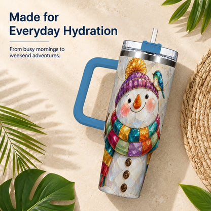 #pl[40oz|Blue] Rainbow Snowman 40oz Tumbler with Handle, Winter Stainless Steel Cup