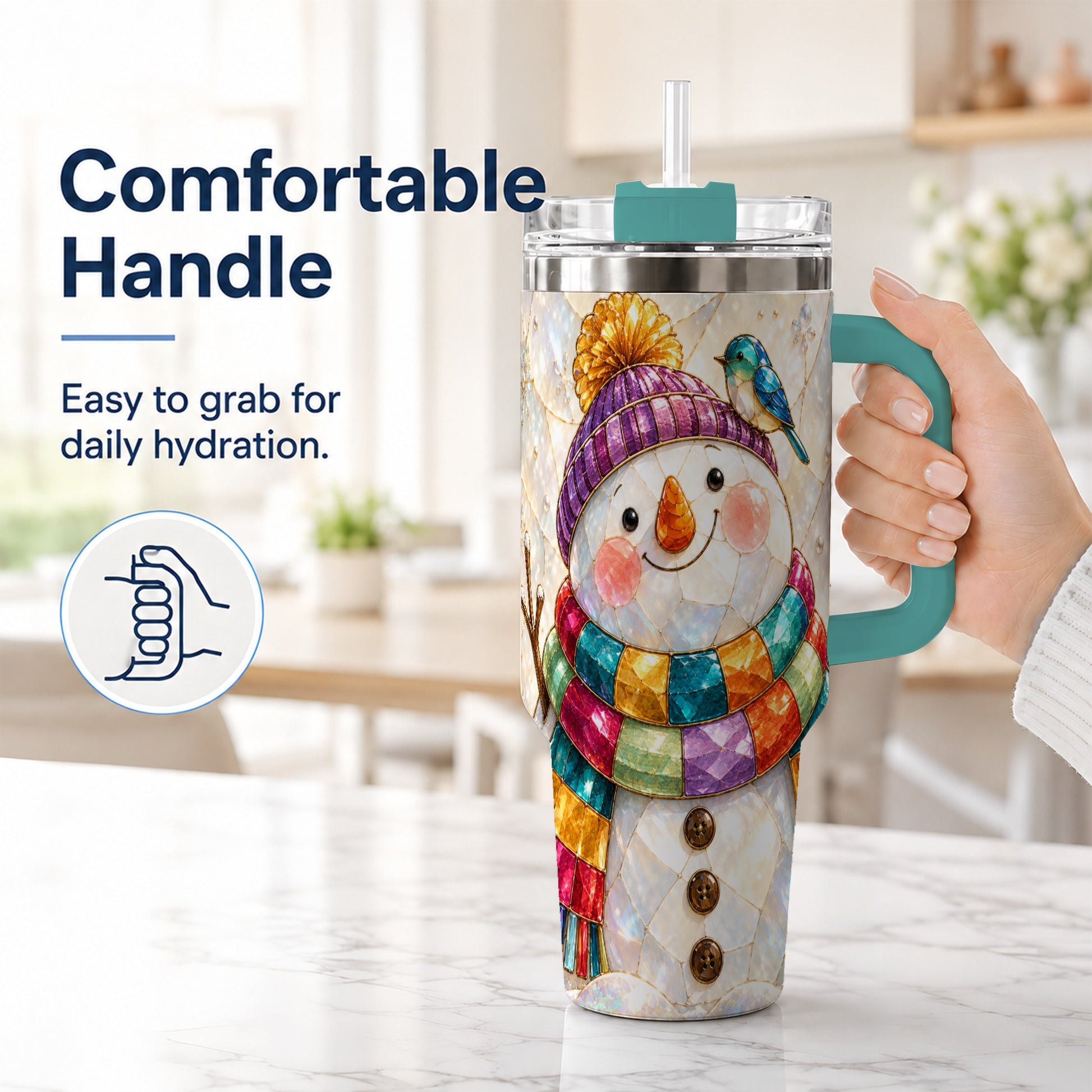 #pl[40oz|Green] Rainbow Snowman 40oz Tumbler with Handle, Winter Stainless Steel Cup