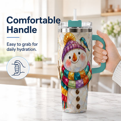 #pl[40oz|Green] Rainbow Snowman 40oz Tumbler with Handle, Winter Stainless Steel Cup