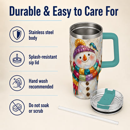 #pl[40oz|Green] Rainbow Snowman 40oz Tumbler with Handle, Winter Stainless Steel Cup