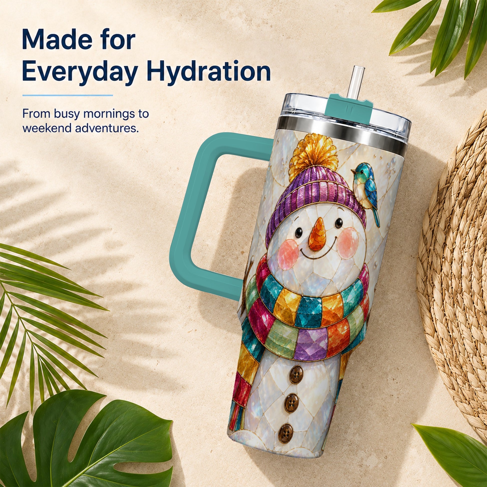 #pl[40oz|Green] Rainbow Snowman 40oz Tumbler with Handle, Winter Stainless Steel Cup