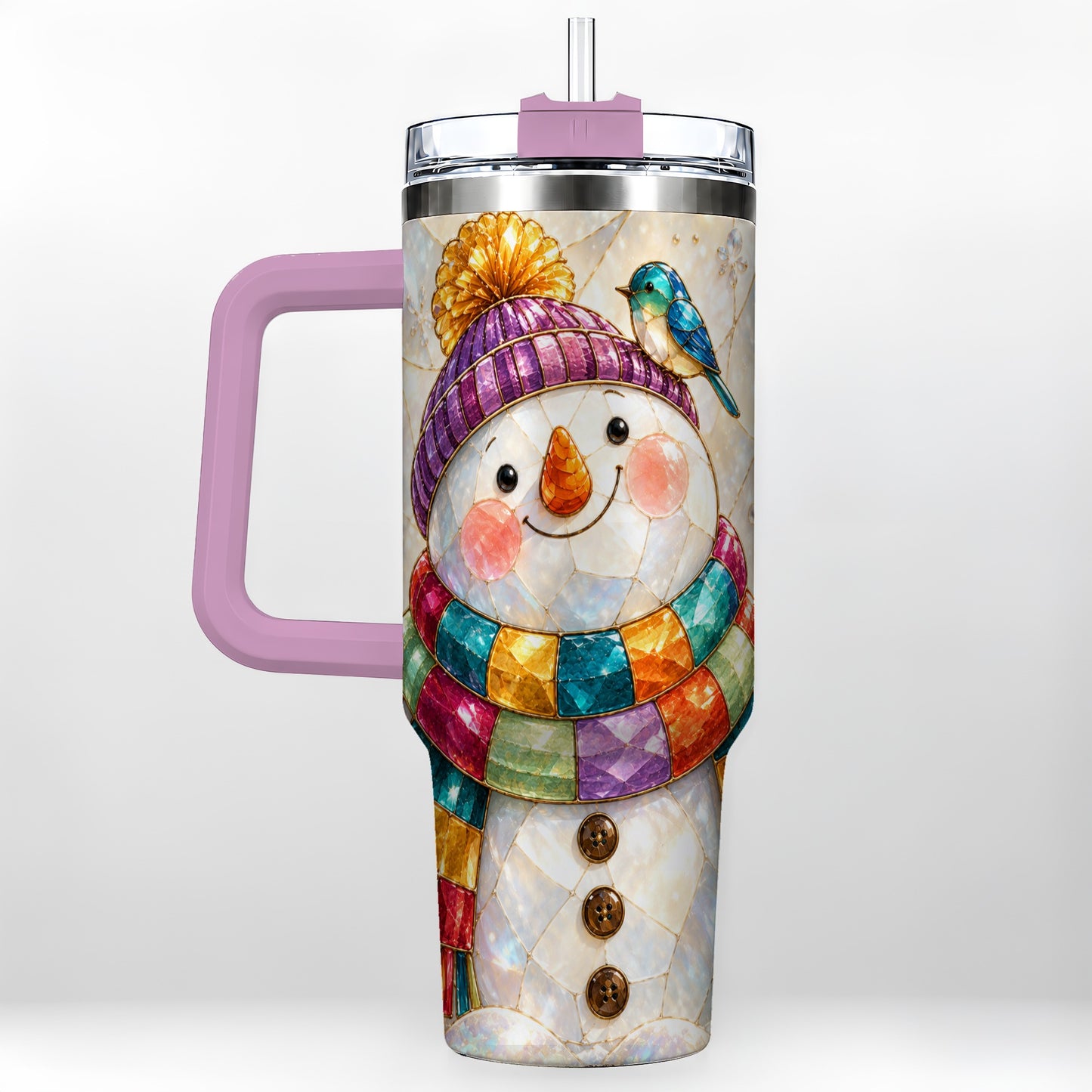 #pl[40oz|Pink] Rainbow Snowman 40oz Tumbler with Handle, Winter Stainless Steel Cup
