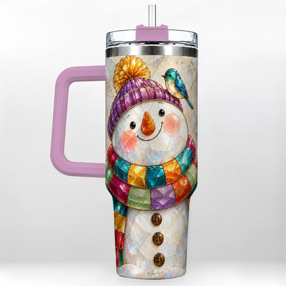#pl[40oz|Pink] Rainbow Snowman 40oz Tumbler with Handle, Winter Stainless Steel Cup
