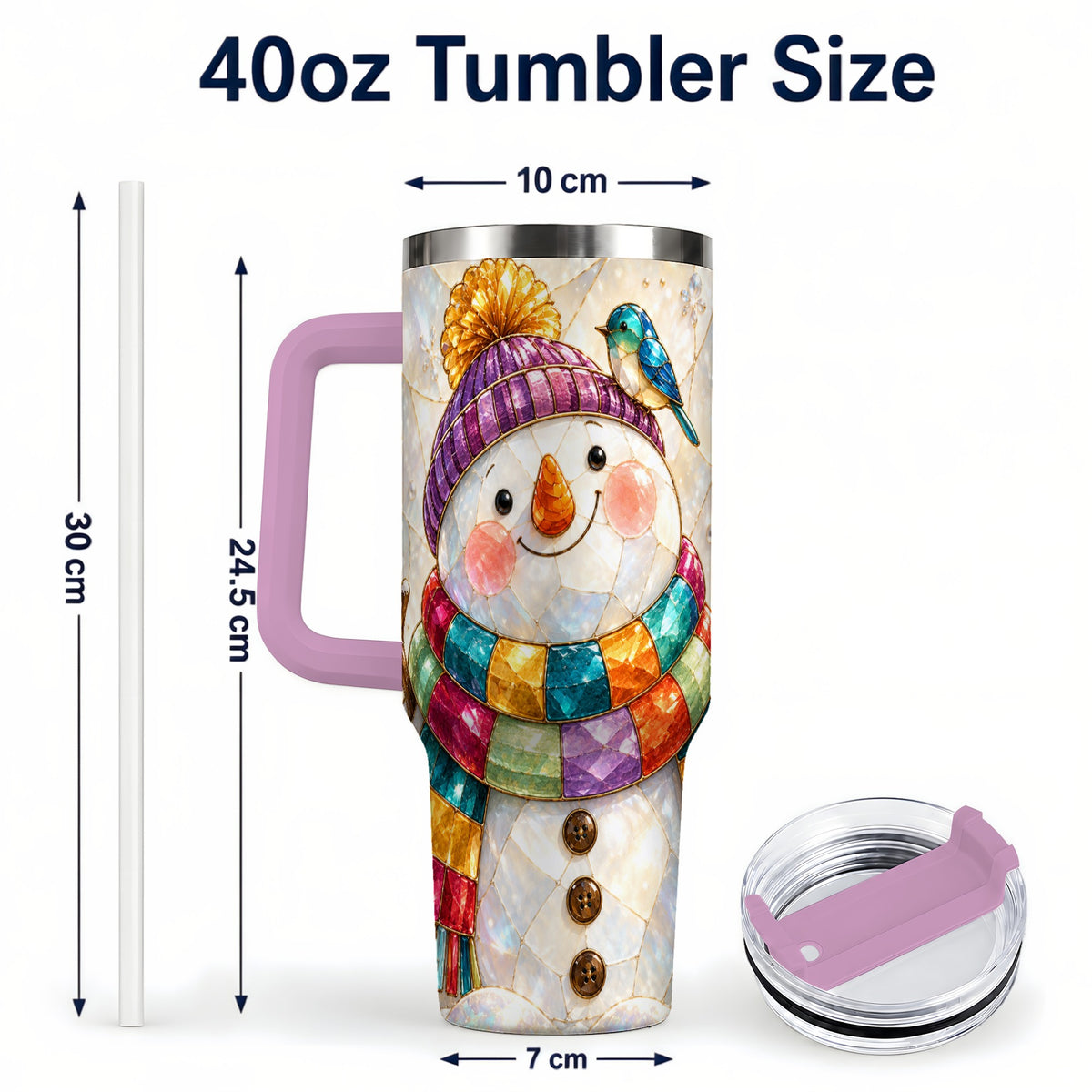 #pl[40oz|Pink] Rainbow Snowman 40oz Tumbler with Handle, Winter Stainless Steel Cup