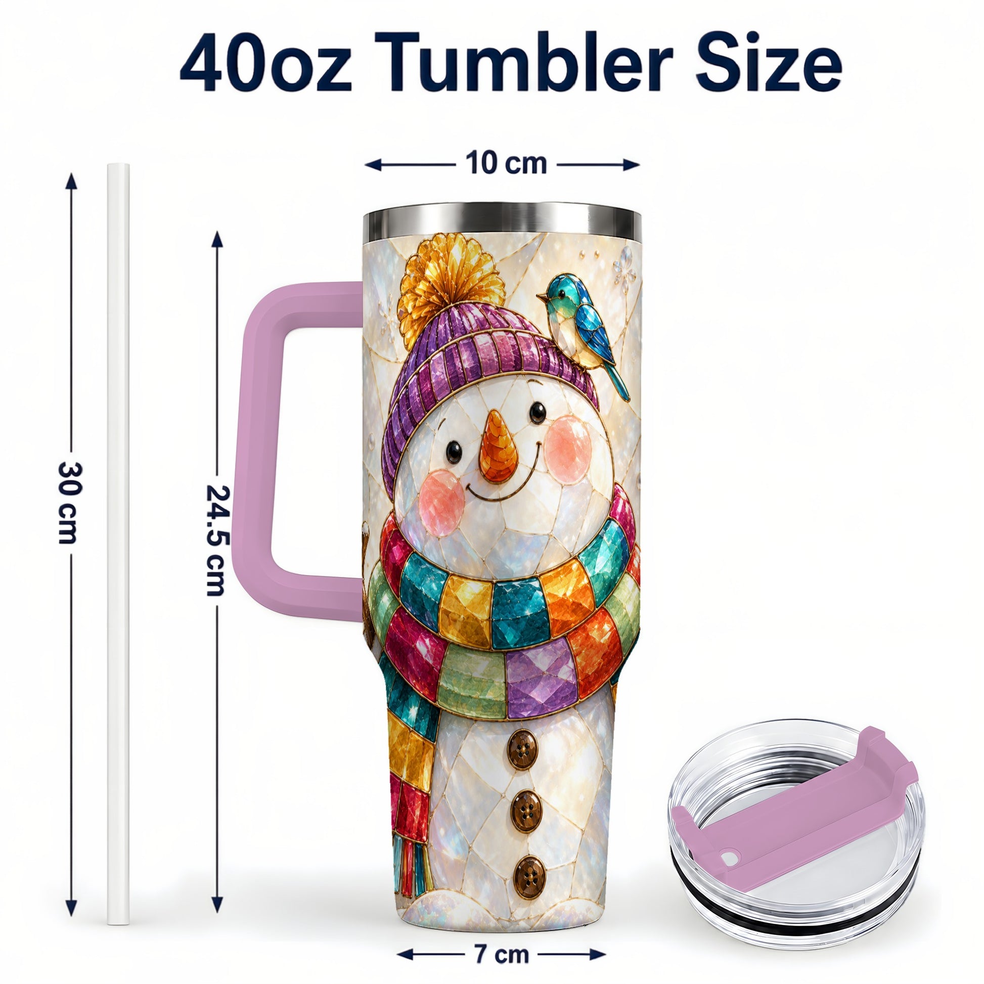 #pl[40oz|Pink] Rainbow Snowman 40oz Tumbler with Handle, Winter Stainless Steel Cup