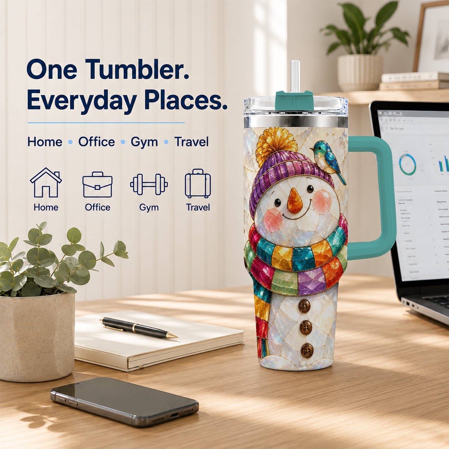 #pl[40oz|Green] Rainbow Snowman 40oz Tumbler with Handle, Winter Stainless Steel Cup