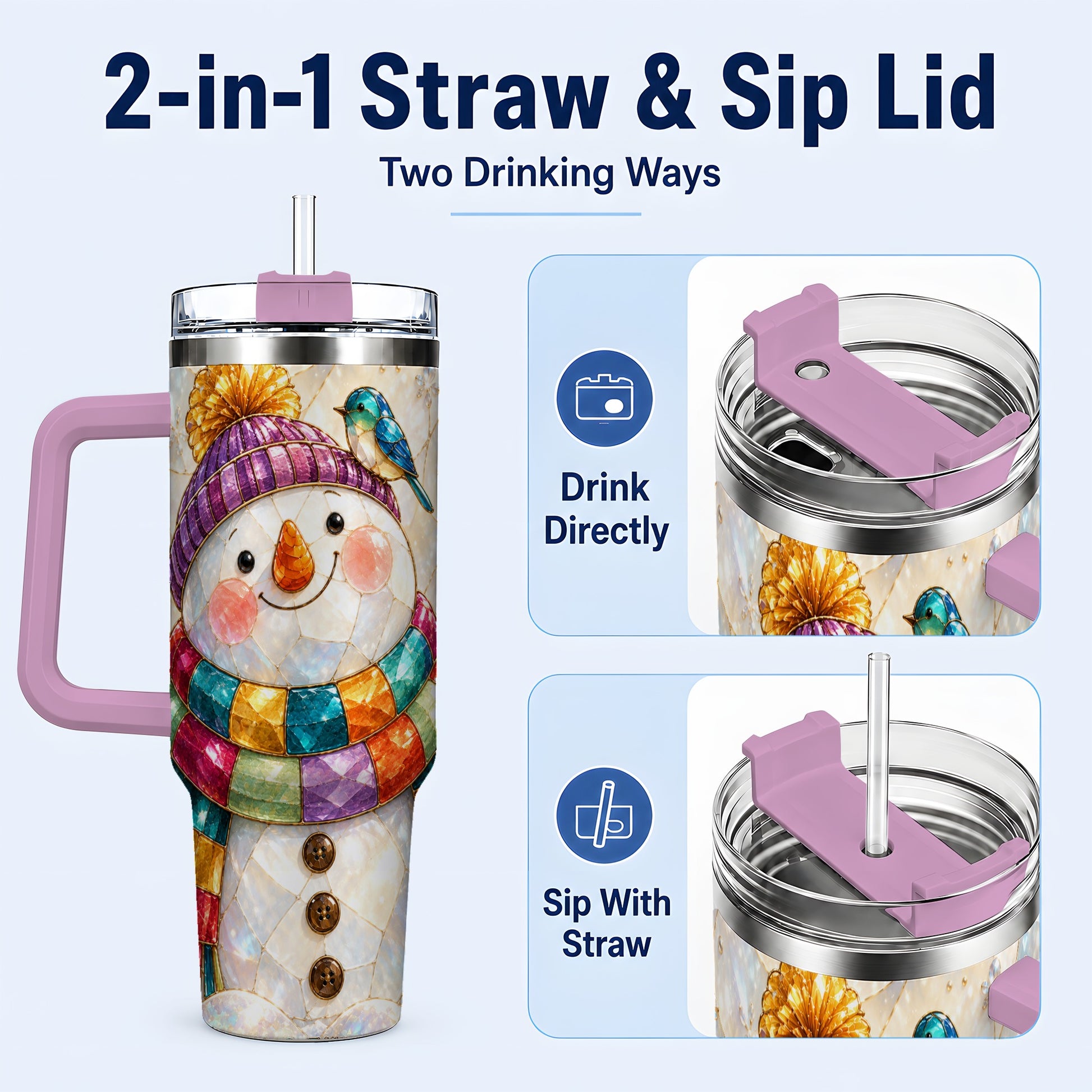 #pl[40oz|Pink] Rainbow Snowman 40oz Tumbler with Handle, Winter Stainless Steel Cup