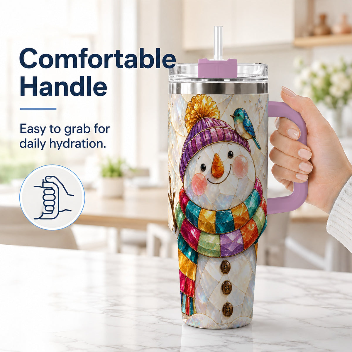 #pl[40oz|Pink] Rainbow Snowman 40oz Tumbler with Handle, Winter Stainless Steel Cup
