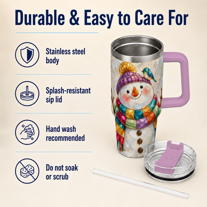 #pl[40oz|Pink] Rainbow Snowman 40oz Tumbler with Handle, Winter Stainless Steel Cup
