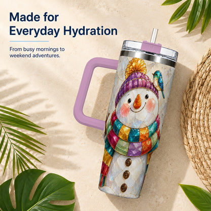 #pl[40oz|Pink] Rainbow Snowman 40oz Tumbler with Handle, Winter Stainless Steel Cup