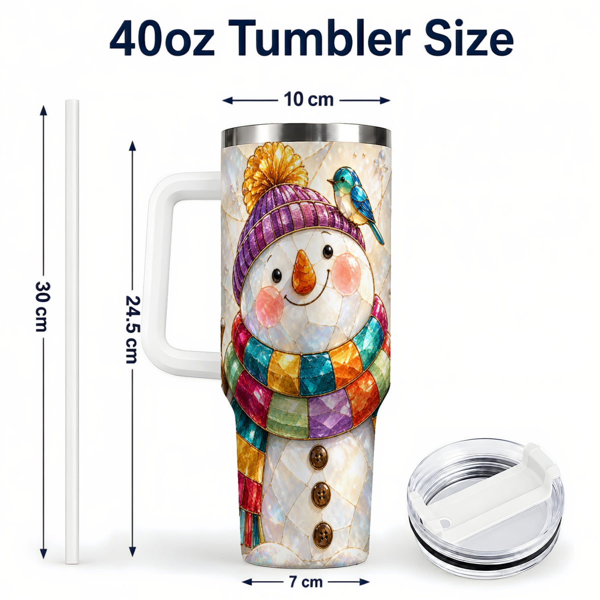 #pl[40oz|White] Rainbow Snowman 40oz Tumbler with Handle, Winter Stainless Steel Cup
