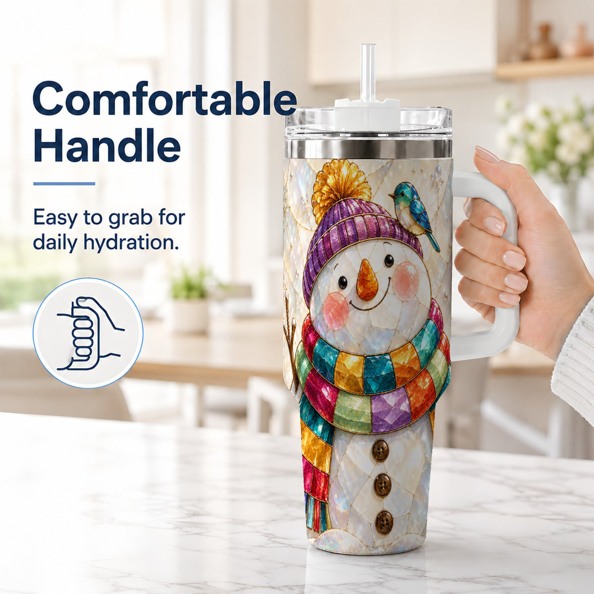 #pl[40oz|White] Rainbow Snowman 40oz Tumbler with Handle, Winter Stainless Steel Cup