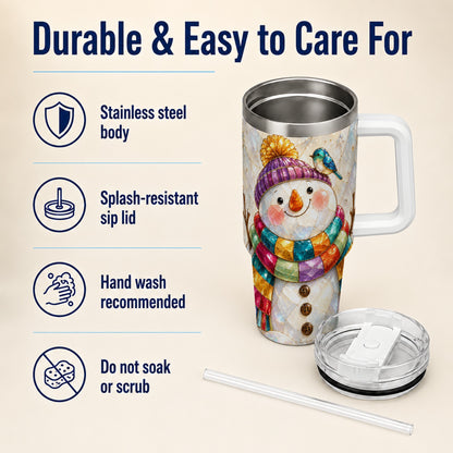 #pl[40oz|White] Rainbow Snowman 40oz Tumbler with Handle, Winter Stainless Steel Cup