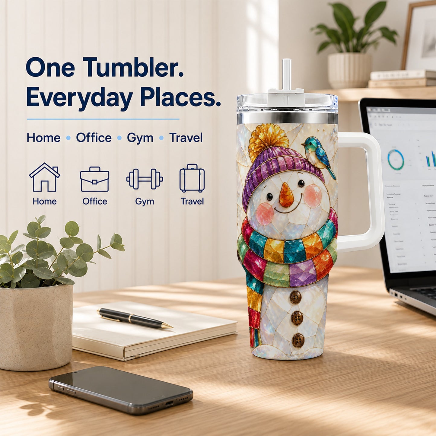 #pl[40oz|White] Rainbow Snowman 40oz Tumbler with Handle, Winter Stainless Steel Cup