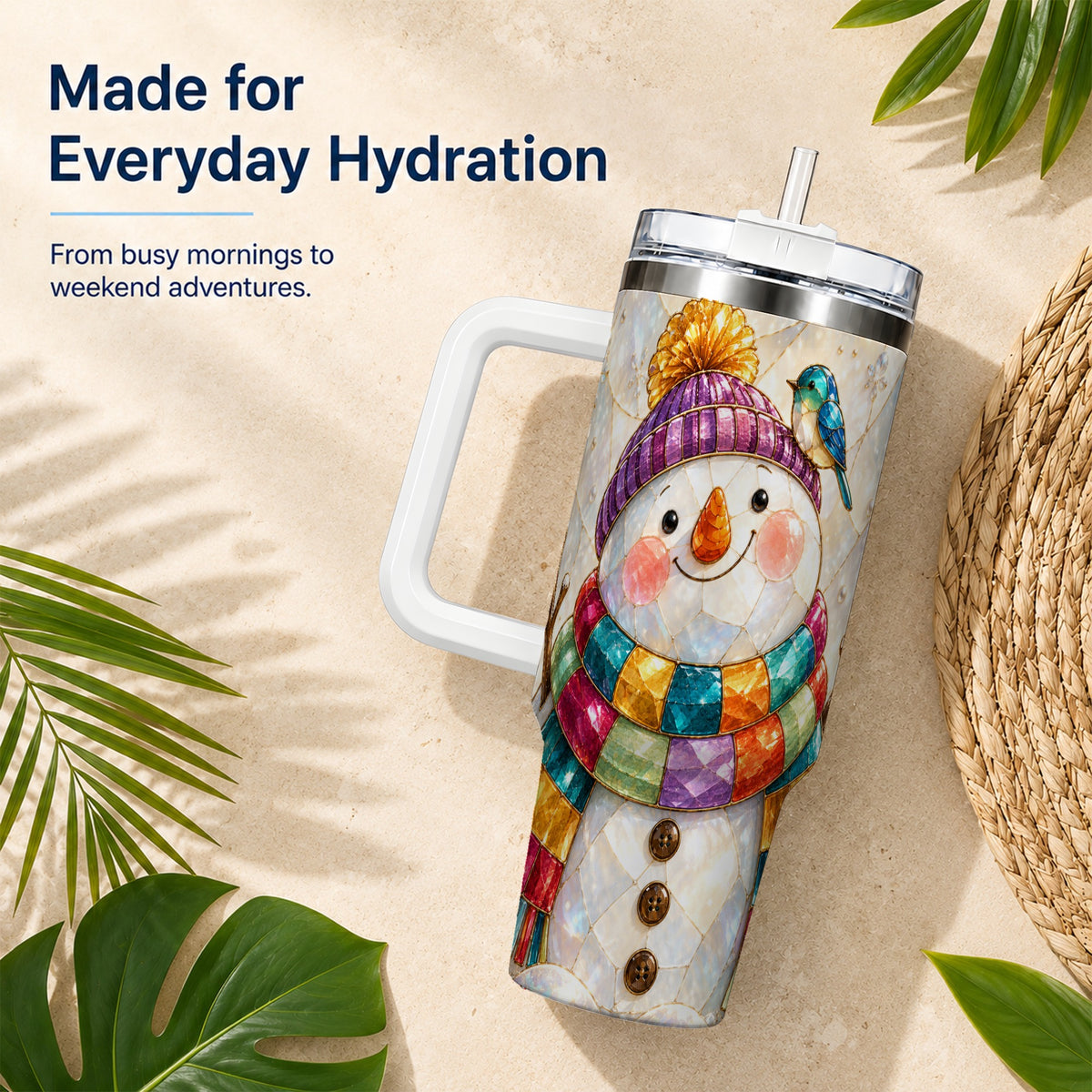 #pl[40oz|White] Rainbow Snowman 40oz Tumbler with Handle, Winter Stainless Steel Cup