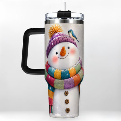 #pl[40oz|Black] Cozy Snowman 40oz Tumbler with Handle, Winter Bird Stainless Steel Cup