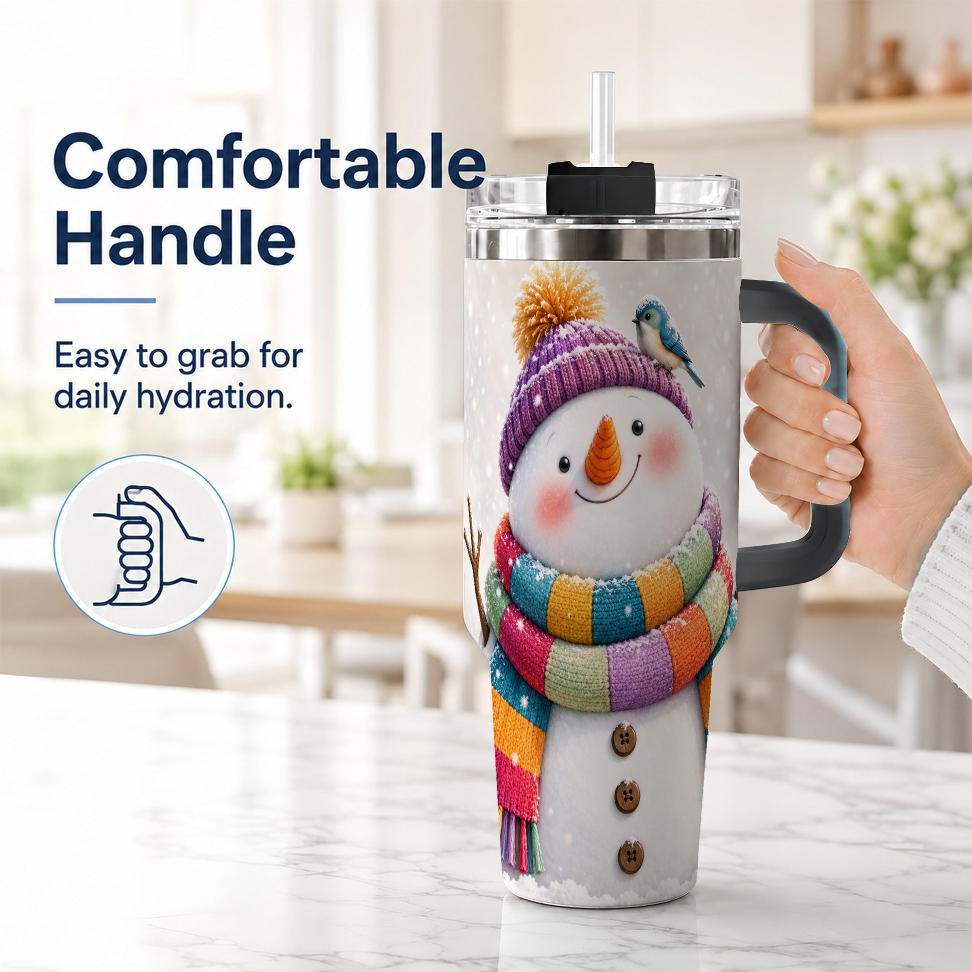 #pl[40oz|Black] Cozy Snowman 40oz Tumbler with Handle, Winter Bird Stainless Steel Cup