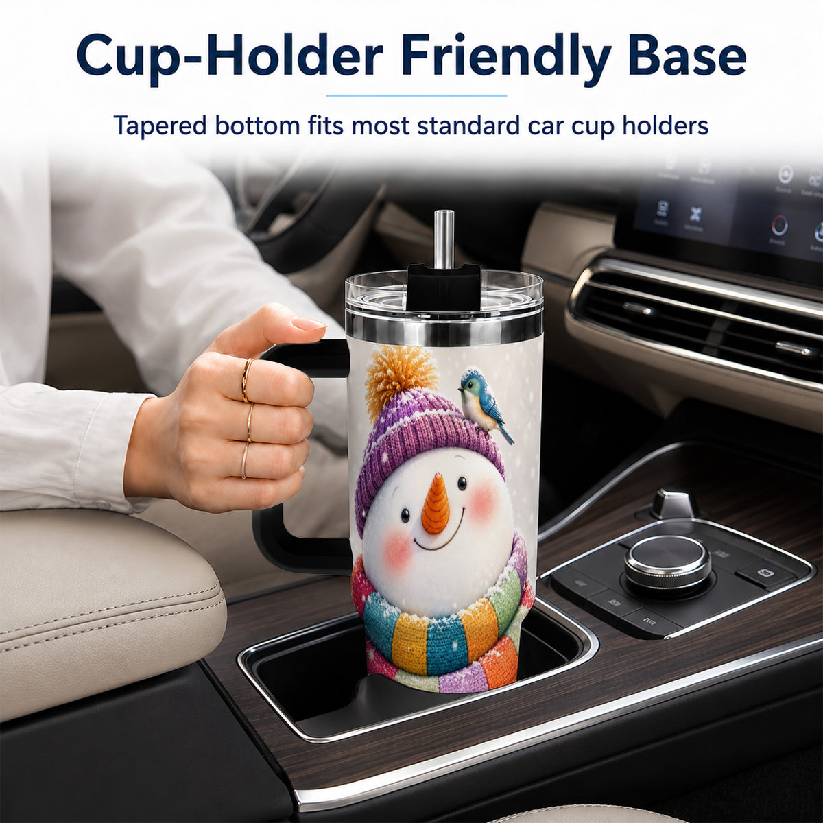 #pl[40oz|Black] Cozy Snowman 40oz Tumbler with Handle, Winter Bird Stainless Steel Cup