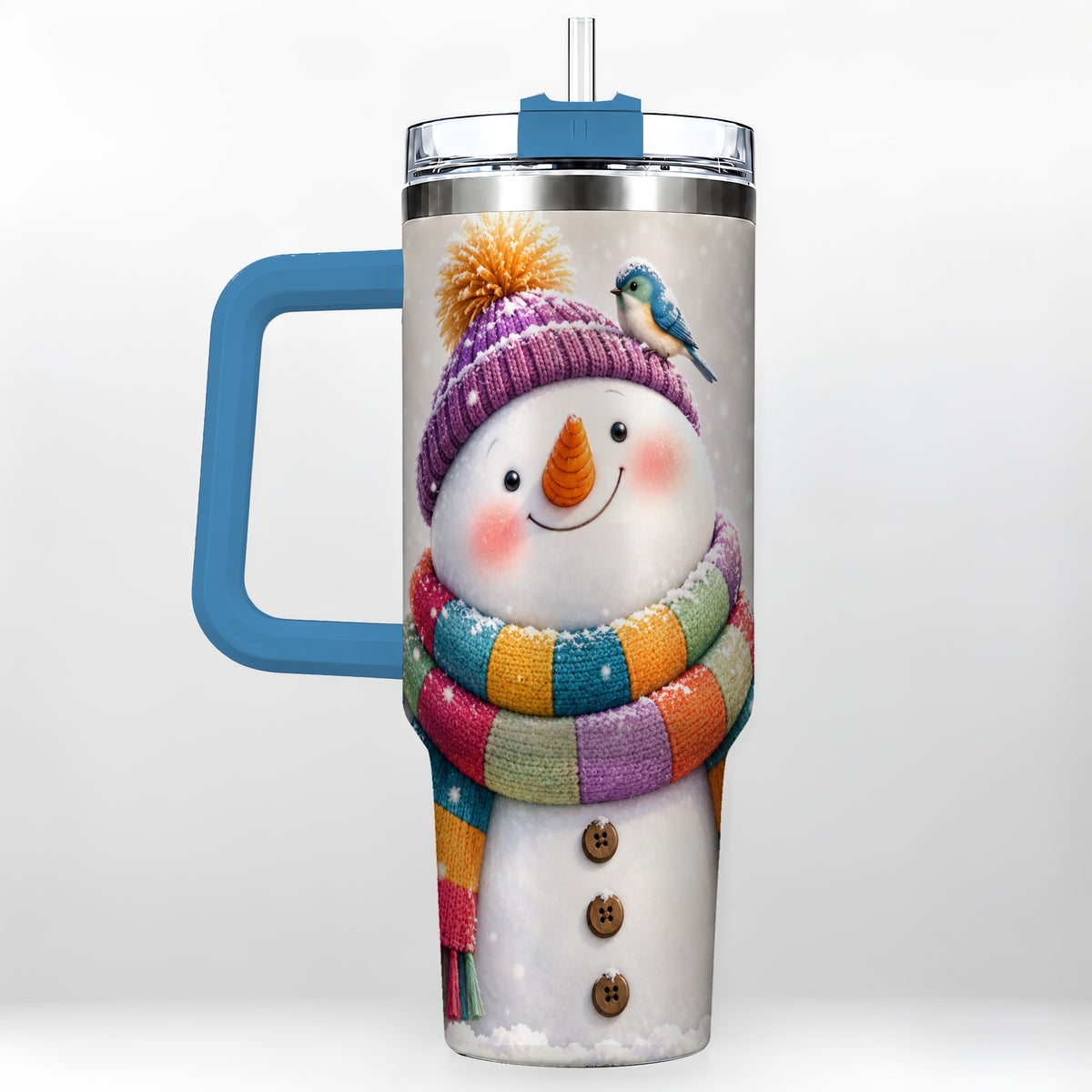 #pl[40oz|Blue] Cozy Snowman 40oz Tumbler with Handle, Winter Bird Stainless Steel Cup