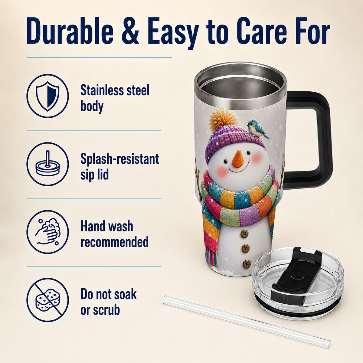 #pl[40oz|Black] Cozy Snowman 40oz Tumbler with Handle, Winter Bird Stainless Steel Cup