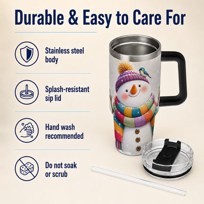 #pl[40oz|Black] Cozy Snowman 40oz Tumbler with Handle, Winter Bird Stainless Steel Cup