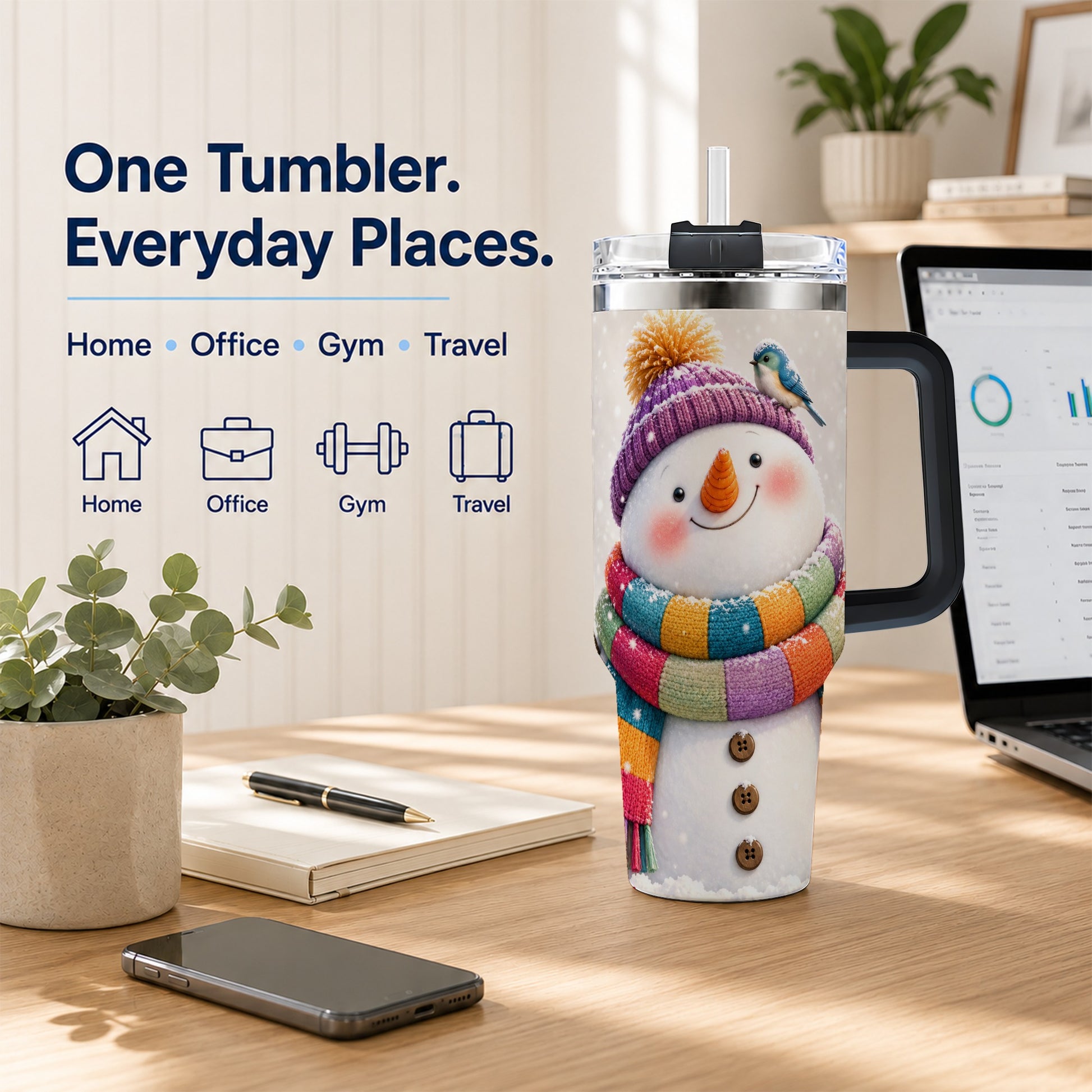 #pl[40oz|Black] Cozy Snowman 40oz Tumbler with Handle, Winter Bird Stainless Steel Cup