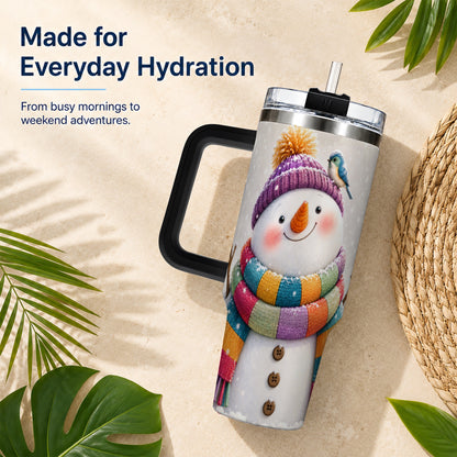 #pl[40oz|Black] Cozy Snowman 40oz Tumbler with Handle, Winter Bird Stainless Steel Cup