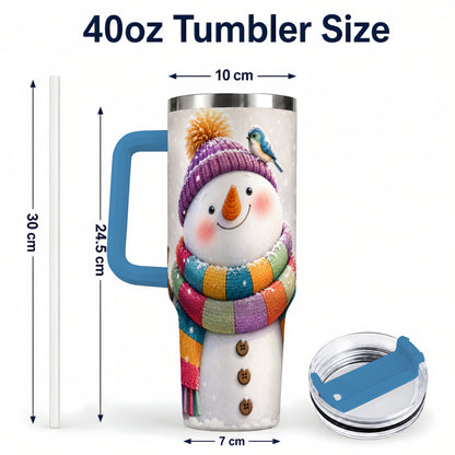 #pl[40oz|Blue] Cozy Snowman 40oz Tumbler with Handle, Winter Bird Stainless Steel Cup