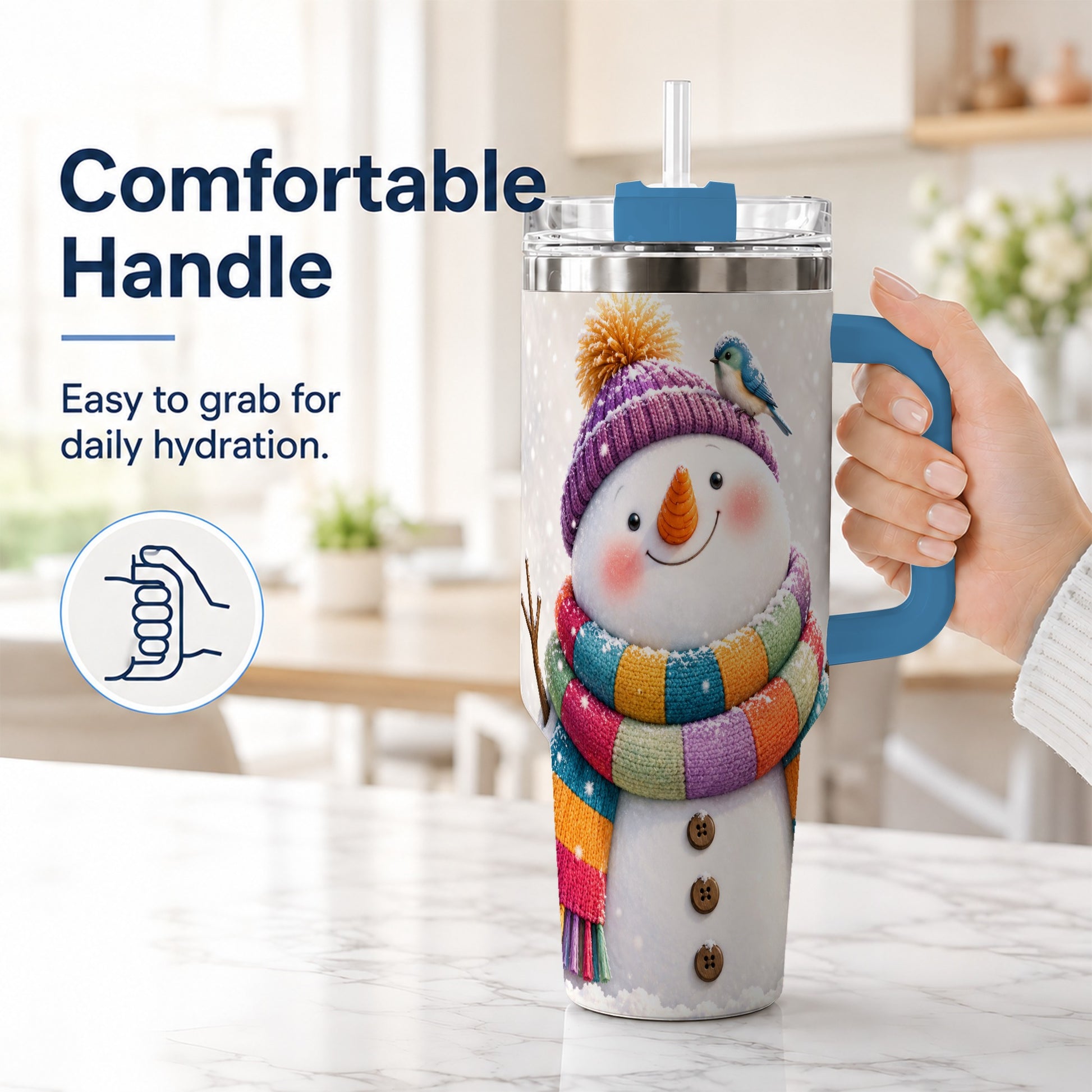 #pl[40oz|Blue] Cozy Snowman 40oz Tumbler with Handle, Winter Bird Stainless Steel Cup