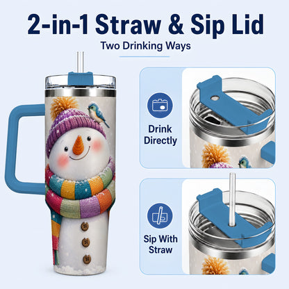#pl[40oz|Blue] Cozy Snowman 40oz Tumbler with Handle, Winter Bird Stainless Steel Cup