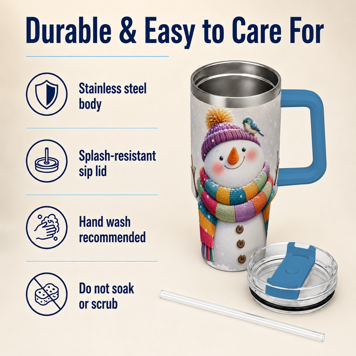 #pl[40oz|Blue] Cozy Snowman 40oz Tumbler with Handle, Winter Bird Stainless Steel Cup