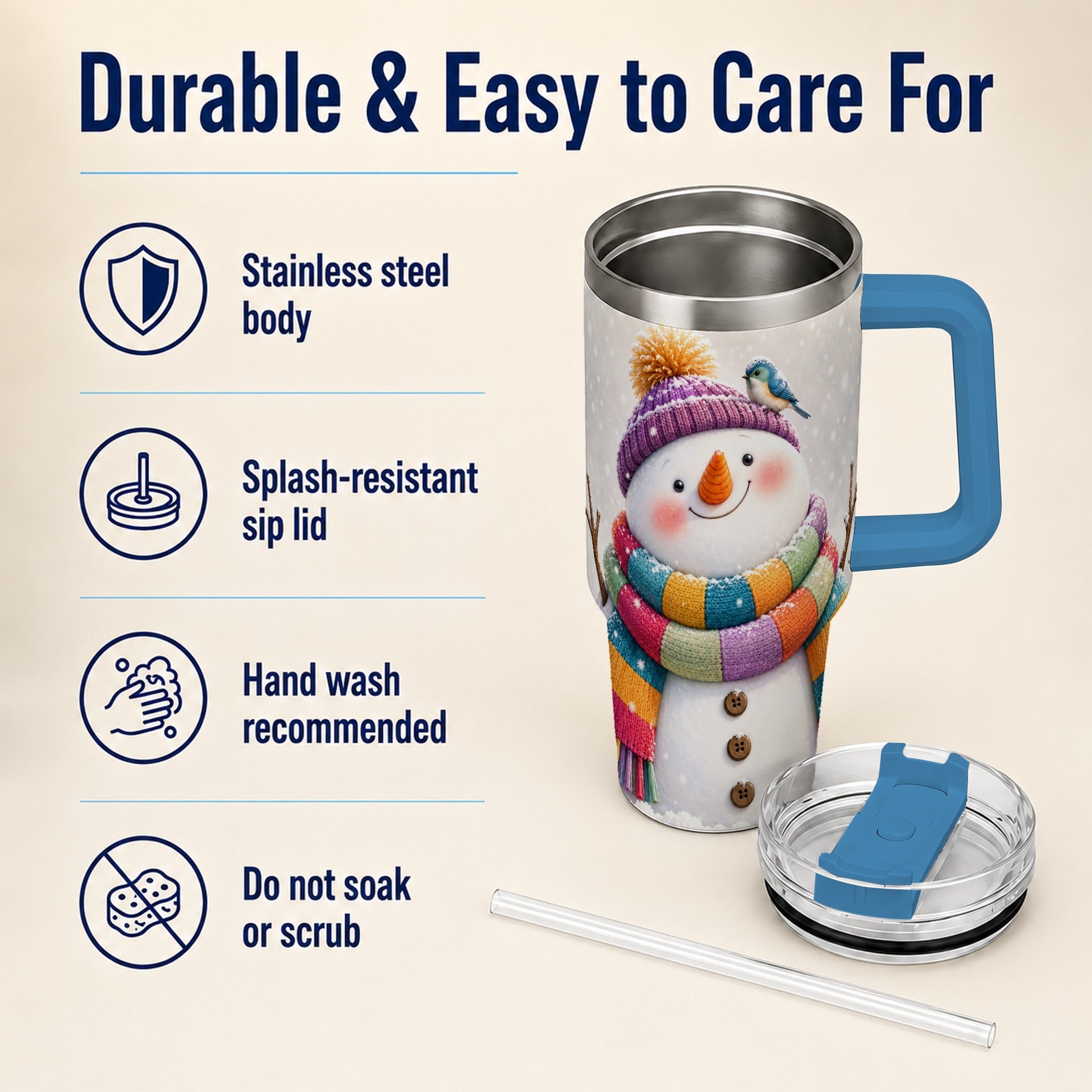 #pl[40oz|Blue] Cozy Snowman 40oz Tumbler with Handle, Winter Bird Stainless Steel Cup