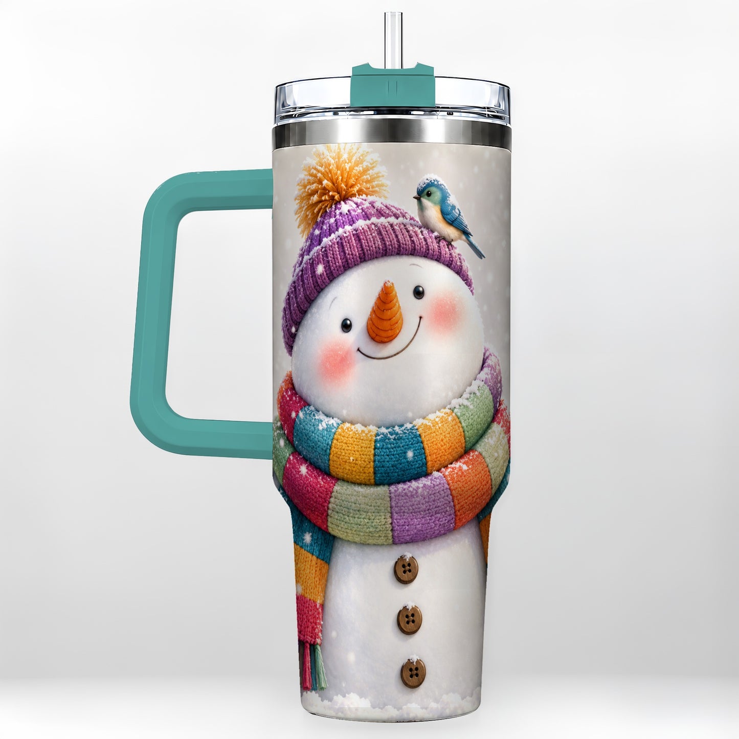 #pl[40oz|Green] Cozy Snowman 40oz Tumbler with Handle, Winter Bird Stainless Steel Cup