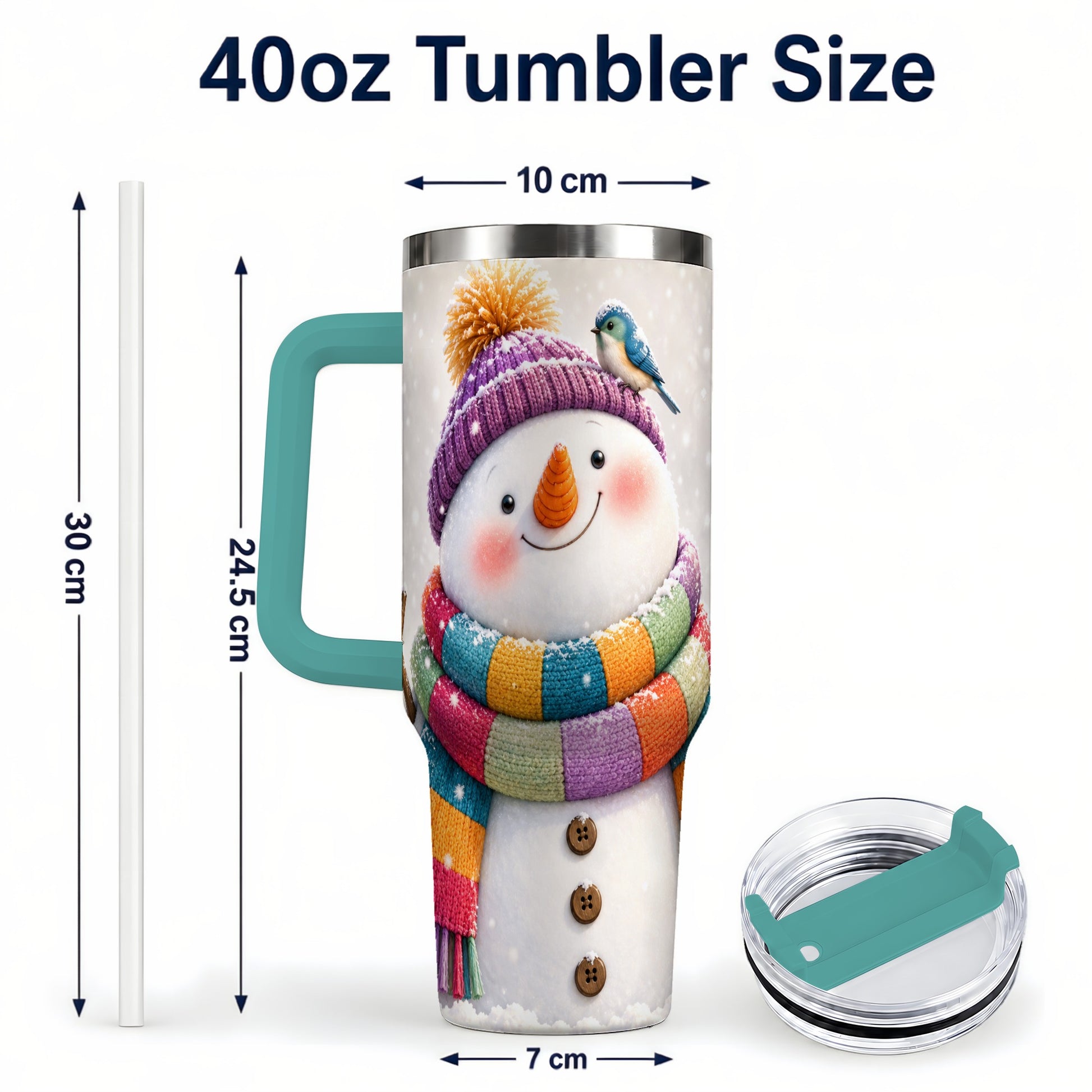 #pl[40oz|Green] Cozy Snowman 40oz Tumbler with Handle, Winter Bird Stainless Steel Cup