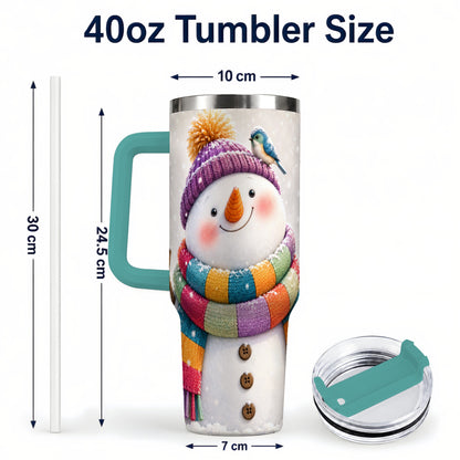 #pl[40oz|Green] Cozy Snowman 40oz Tumbler with Handle, Winter Bird Stainless Steel Cup