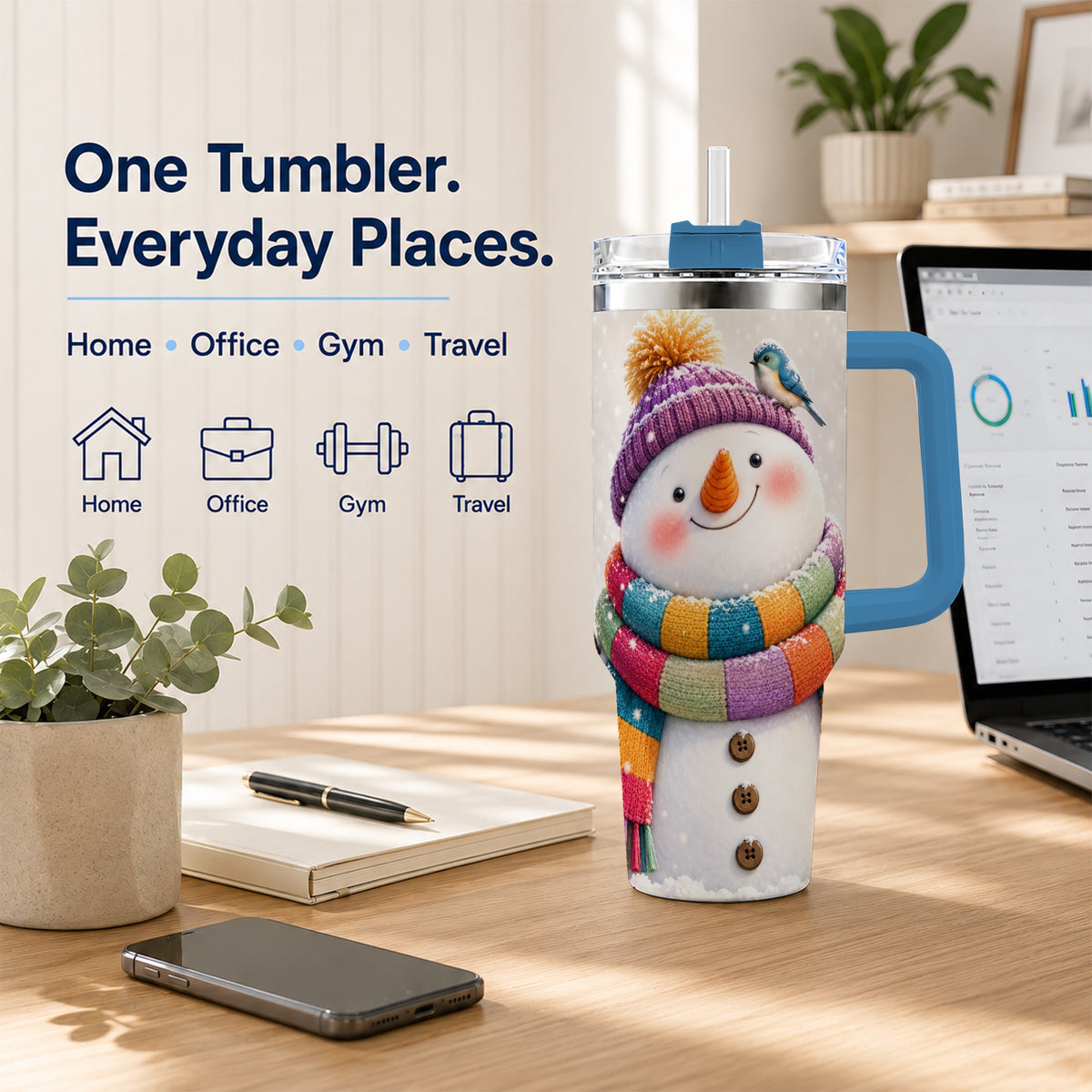 #pl[40oz|Blue] Cozy Snowman 40oz Tumbler with Handle, Winter Bird Stainless Steel Cup