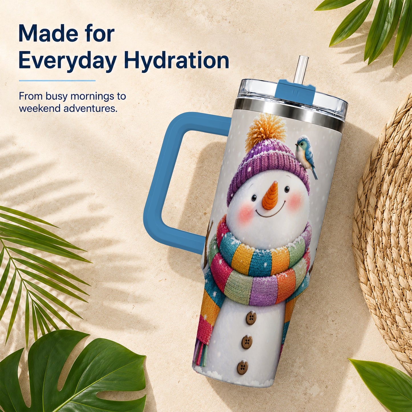 #pl[40oz|Blue] Cozy Snowman 40oz Tumbler with Handle, Winter Bird Stainless Steel Cup