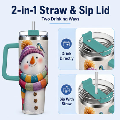 #pl[40oz|Green] Cozy Snowman 40oz Tumbler with Handle, Winter Bird Stainless Steel Cup
