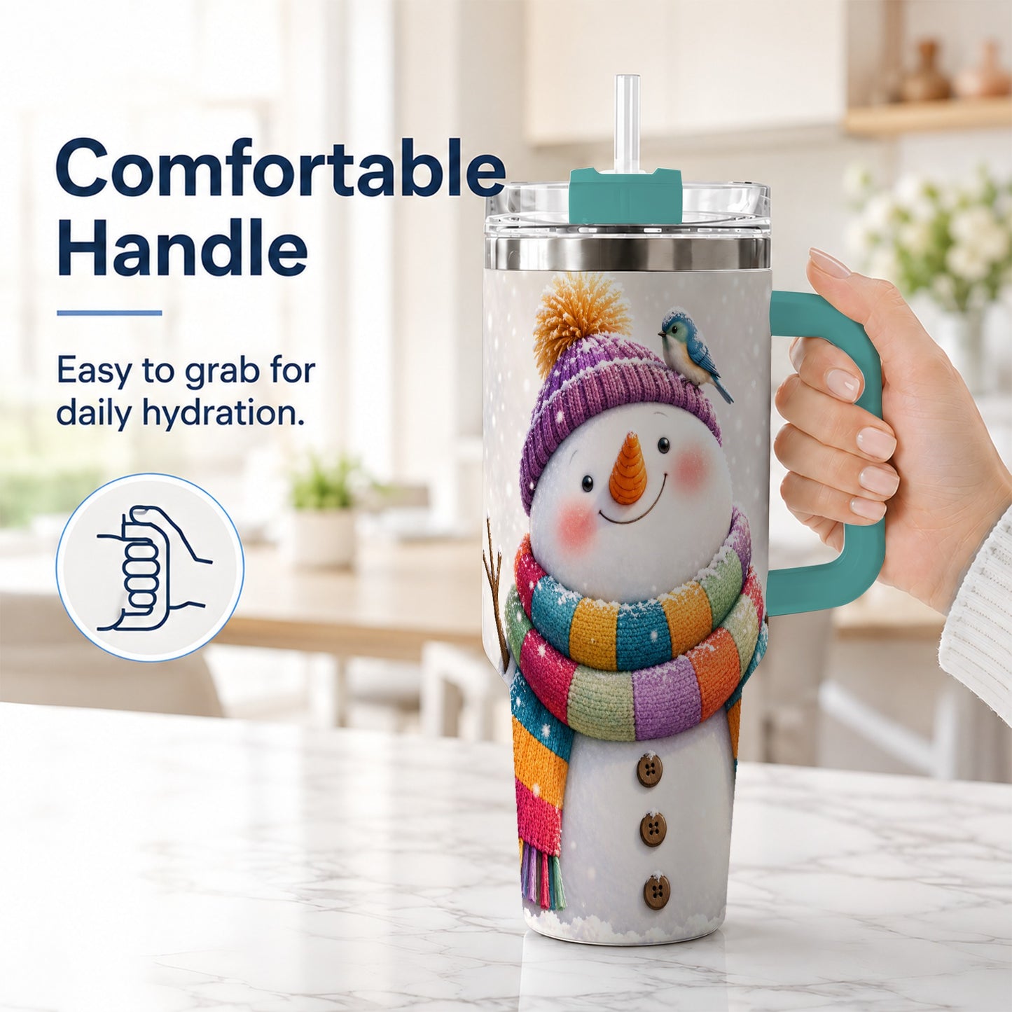 #pl[40oz|Green] Cozy Snowman 40oz Tumbler with Handle, Winter Bird Stainless Steel Cup