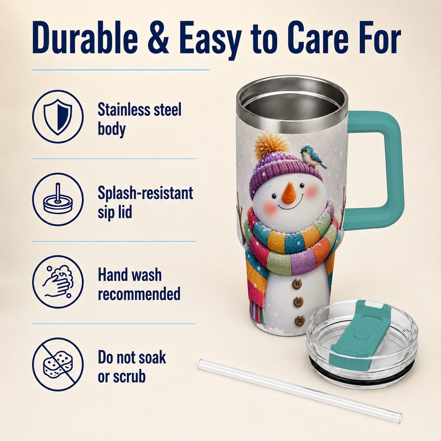 #pl[40oz|Green] Cozy Snowman 40oz Tumbler with Handle, Winter Bird Stainless Steel Cup