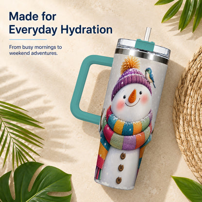 #pl[40oz|Green] Cozy Snowman 40oz Tumbler with Handle, Winter Bird Stainless Steel Cup