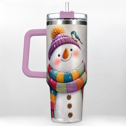 #pl[40oz|Pink] Cozy Snowman 40oz Tumbler with Handle, Winter Bird Stainless Steel Cup